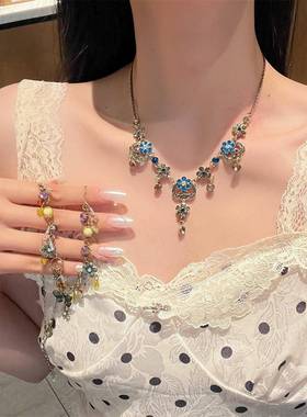 中古Vintage彩色蝴蝶花朵项链女夏季森系多巴胺小众锁骨链配饰品