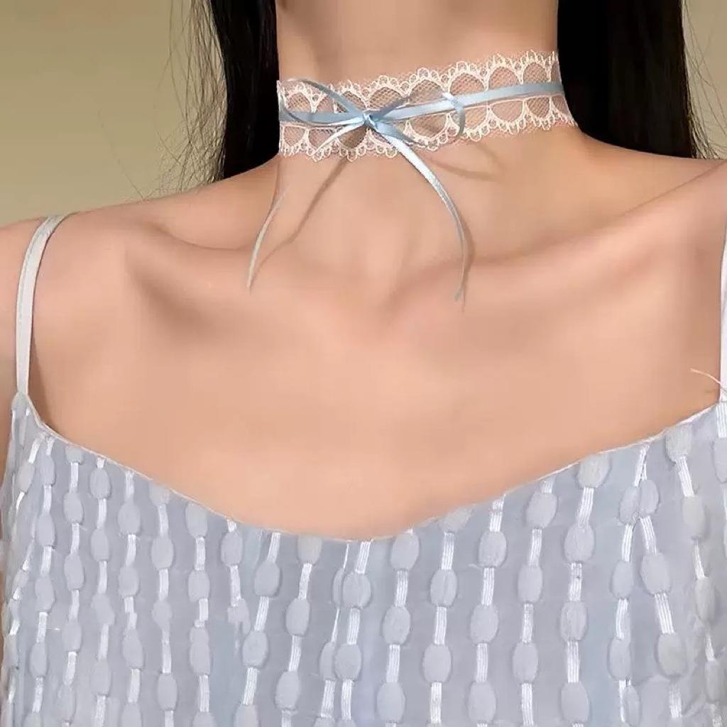 项链女淡蓝蝴蝶结新款饰品仙女白蕾丝系带颈带Choker短款锁骨链