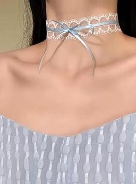 项链女淡蓝蝴蝶结新款饰品仙女白蕾丝系带颈带Choker短款锁骨链