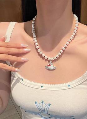 土星kt猫珍珠项链女小众设计y2k甜酷辣妹锁骨链潮男女颈链配饰潮