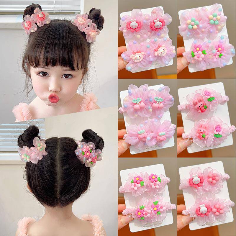 儿童粉色高弹力不伤发花朵发绳2024新款夏女童丸子头网纱发圈发饰