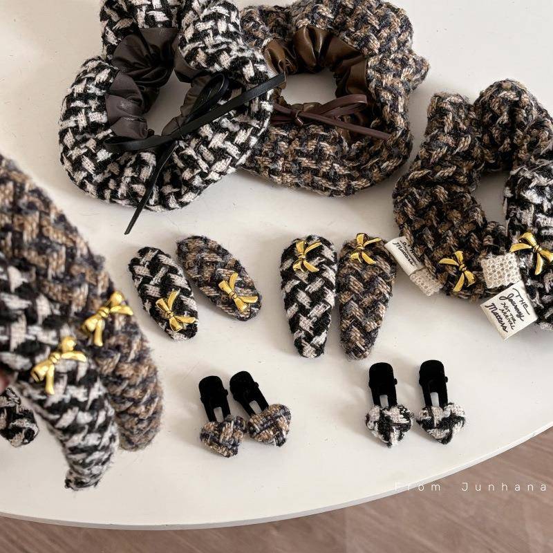 棕色千鸟格发夹蝴蝶结复古高级感对夹发箍黑白格刘海夹BB夹发饰