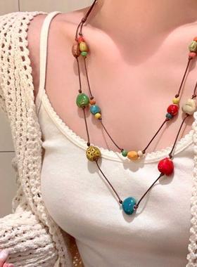 彩虹糖果陶瓷串珠双层项链女夏日多巴胺长款颈链叠戴配饰锁骨链