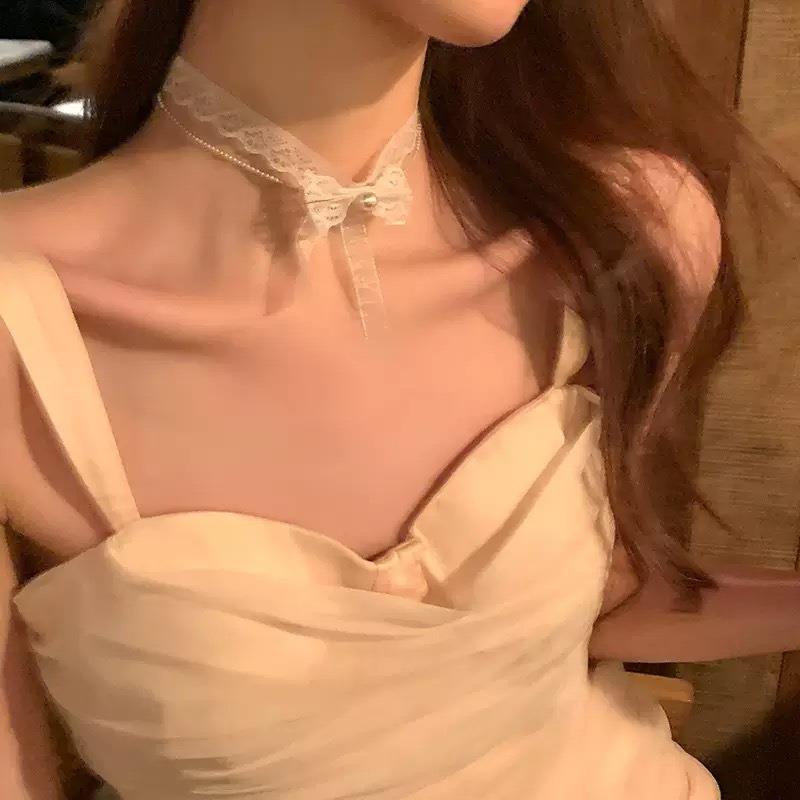 项链女超仙超甜饰品温柔白色蕾丝双层珍珠蝴蝶结颈链Choker锁骨链
