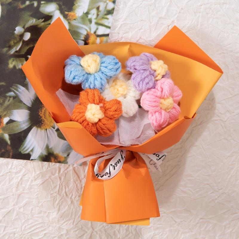 送女友生日礼物创意毛线编织泡芙花小花束礼品跨境针织仿真花