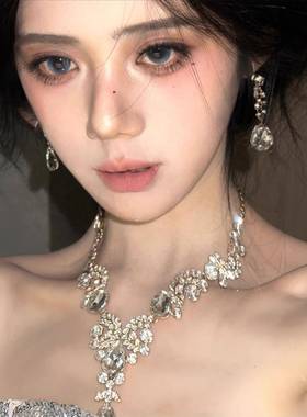 超闪水滴满钻流苏项链耳环套装女宫廷轻奢小众设计锁骨链脖子配饰