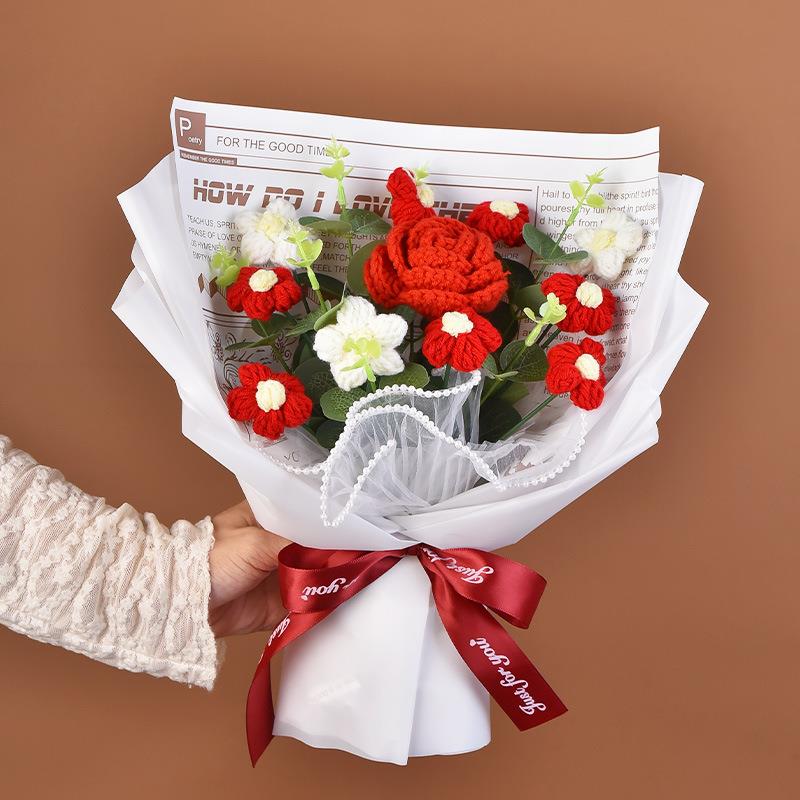 跨境手工编织毛线成品520情人节礼物生日玫瑰花束教师节针织花束