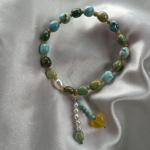 绿松石多彩糖豆手串7mm左右原矿瓷釉级随形搭配925银配饰珍珠蜜蜡