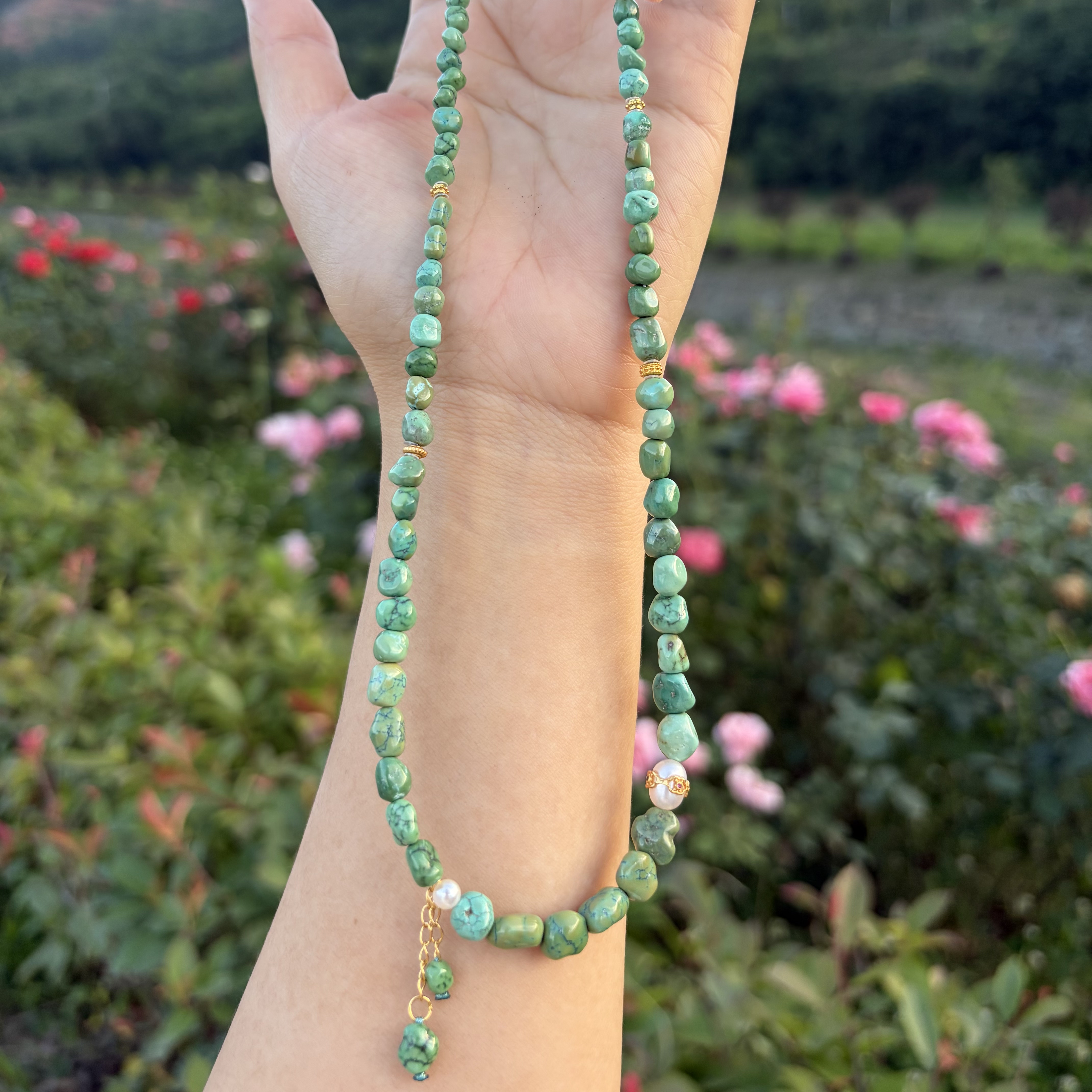 绿松石菜籽绿随形项链搭配925银和珍珠DIY设计手链18.5g