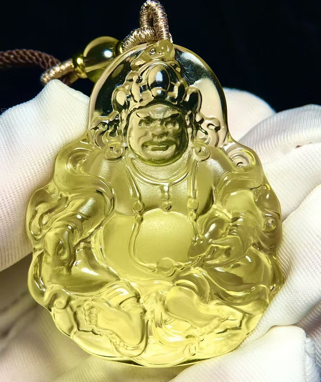 天然黄水晶财神吊坠黄财神无事牌挂件双面雕刻护身符项链
