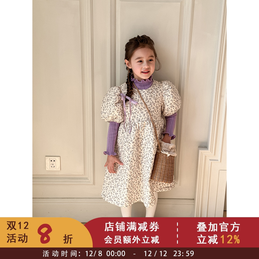 加厚夹棉保暖儿童冬季裙子新款女童洋气宫廷风泡泡短袖碎花连衣裙