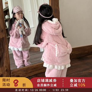 女童软萌可爱蝴蝶结毛绒绒加厚家居服套装 两件 冬儿童保暖睡衣睡裤