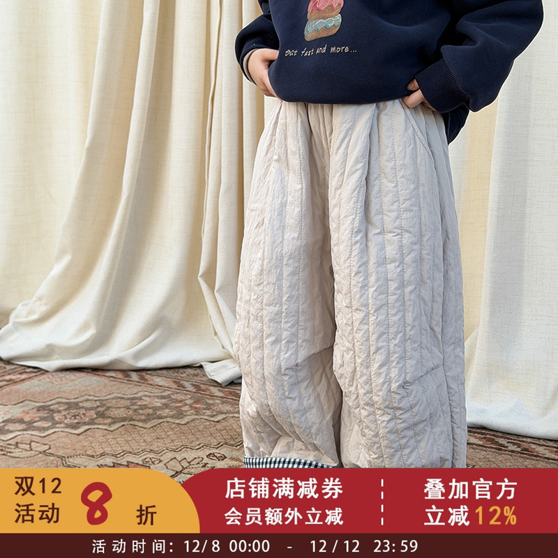 【抗风抗寒-20°】依依妈女童加厚夹棉保暖棉裤儿童格子翻边裤子
