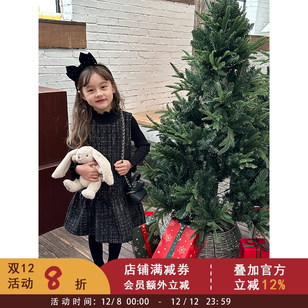 2023冬季女童加厚小香风背心裙子潮儿童黑金丝洋气打底娃娃连衣裙