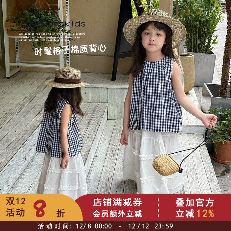 宝宝森系纯棉无袖衬衫儿童格子背心夏季新款童装女童韩版洋气上衣