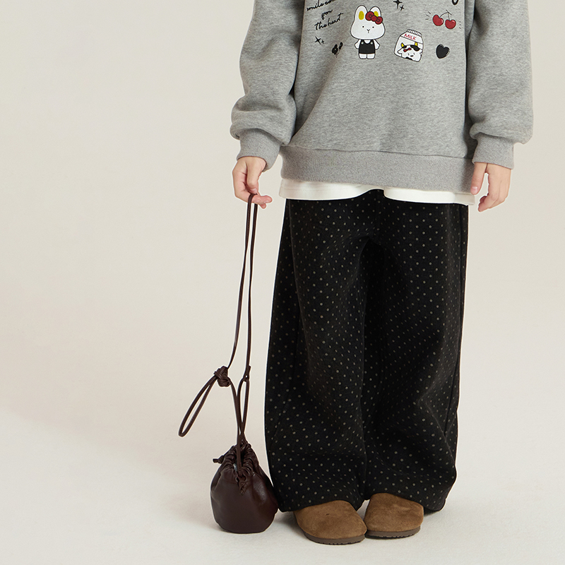 依依妈女童冬装韩版波点加绒直筒裤2025中大儿童百搭休闲加厚裤子