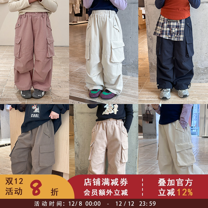2025秋季中大女童韩版帅气休闲口袋工装裤儿童时髦阔腿百搭直筒裤