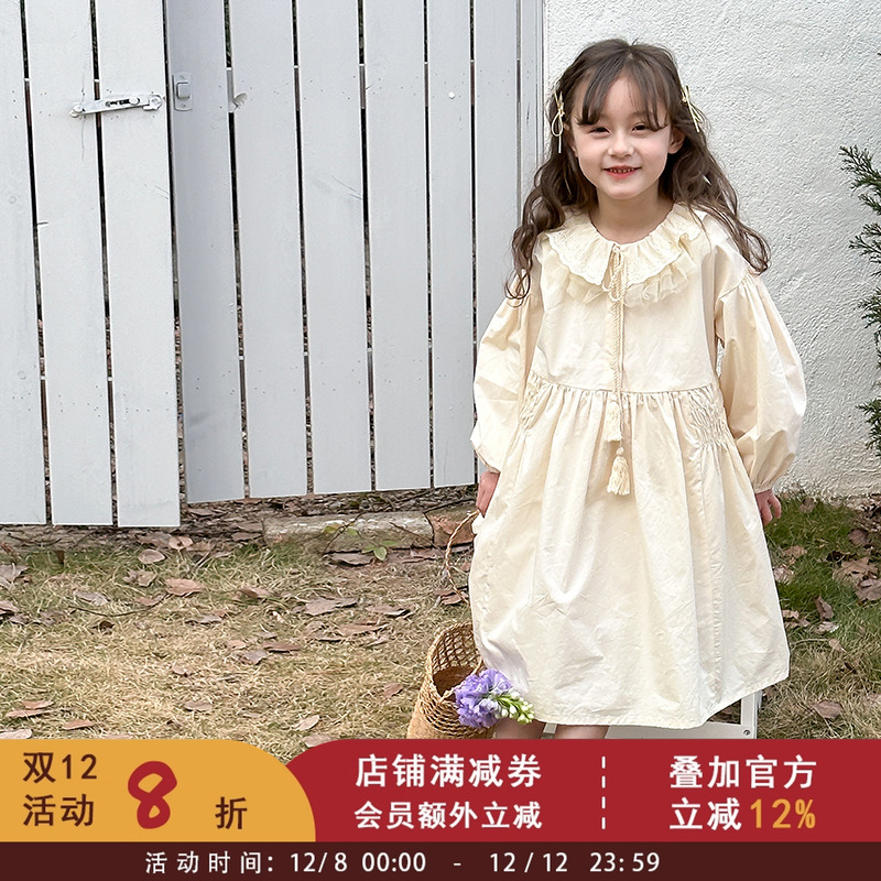 清仓 中大童春季裙子女童韩版洋气花边网纱裙儿童娃娃领长袖公主