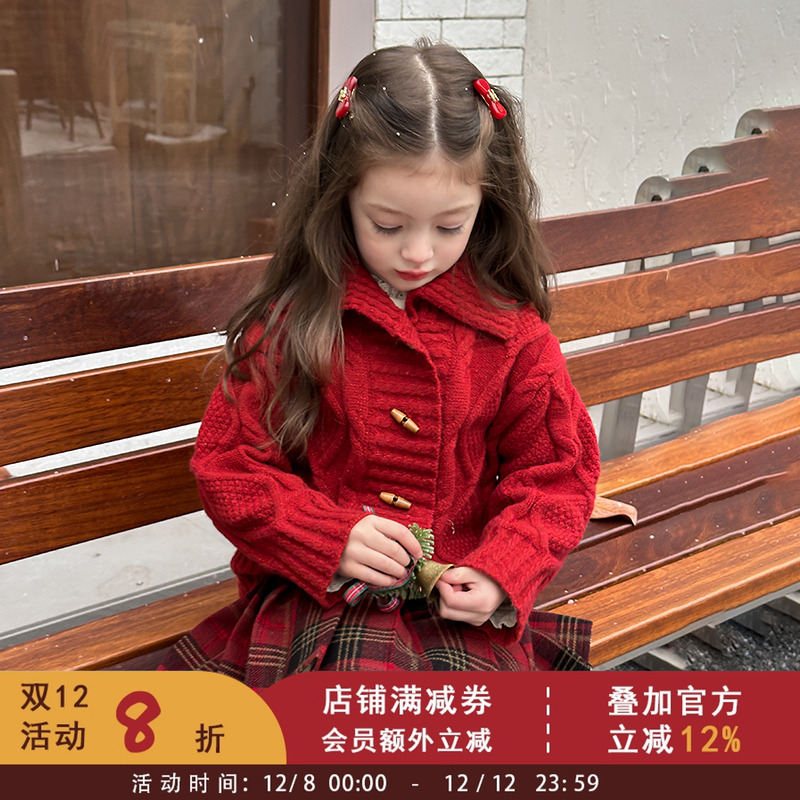 女童冬装新年红色毛衣宝宝针织开衫年服儿童洋气牛角扣加厚外套潮
