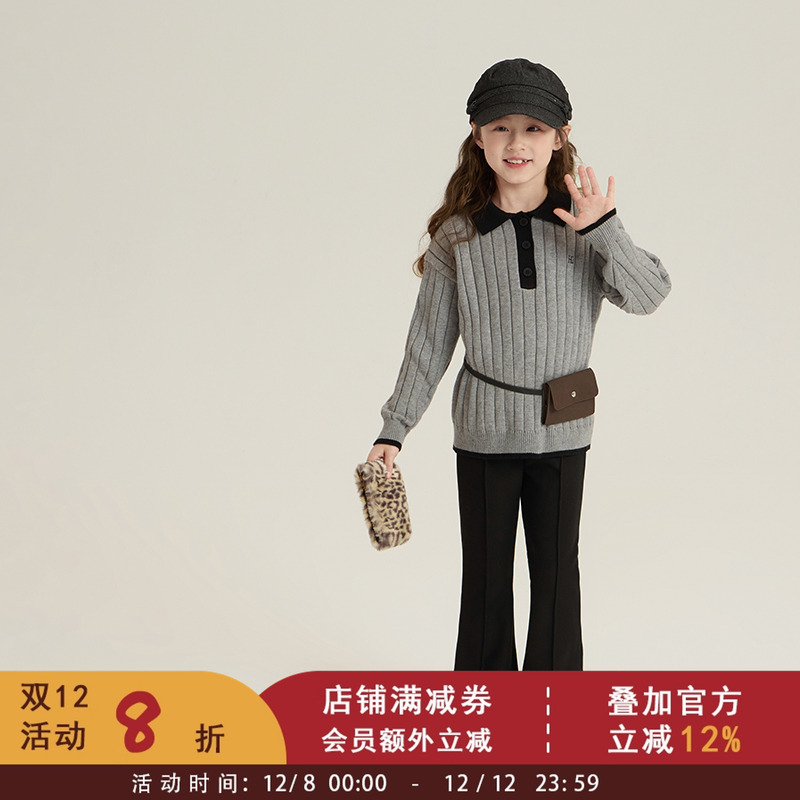 依依妈中大儿童冬装保暖内搭上衣拼色毛衣女童韩版百搭翻领针织衫