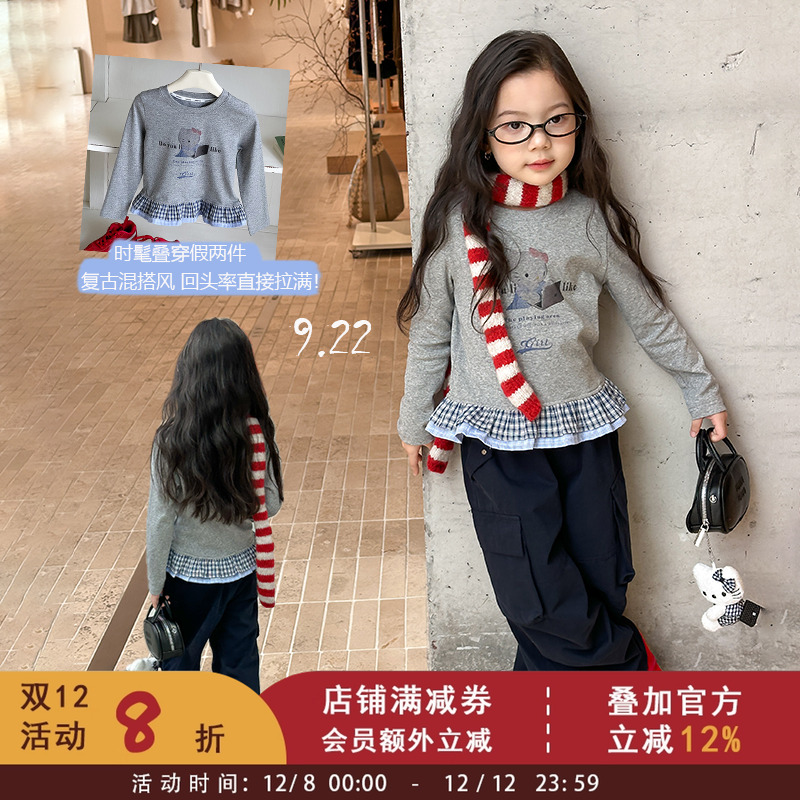 儿童拼接格子花边假两件猫咪上衣女童韩版甜酷修身打底衫春秋T恤