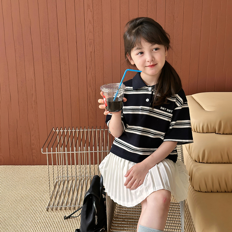 依依妈女童韩版休闲撞色条纹T恤夏季全棉上衣儿童翻领短袖POLO衫