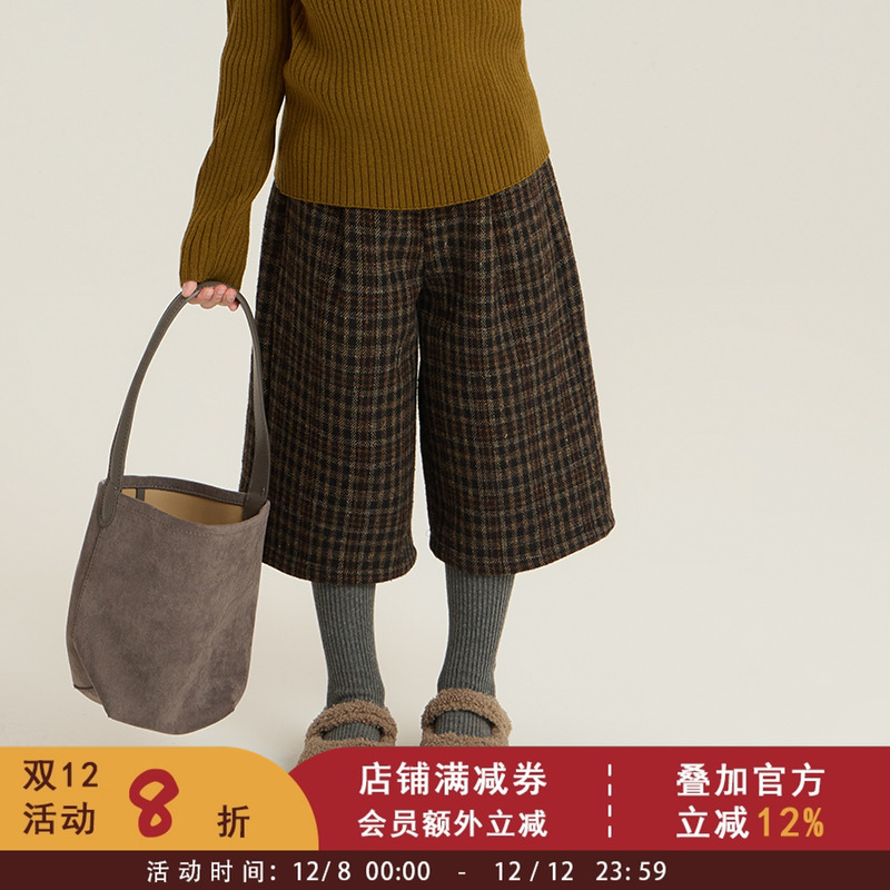依依妈女童复古格纹七分毛呢裤2025冬儿童百搭加厚保暖奥利绒裤子