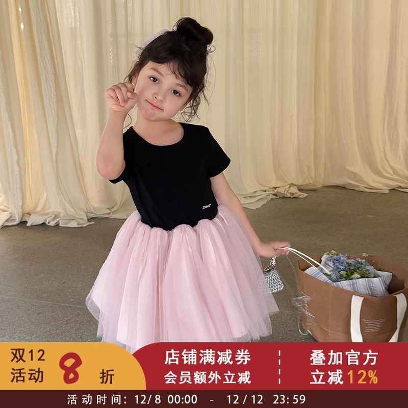 依依妈女童夏季韩版洋气撞色短袖公主连衣裙儿童气质芭蕾蓬蓬纱裙