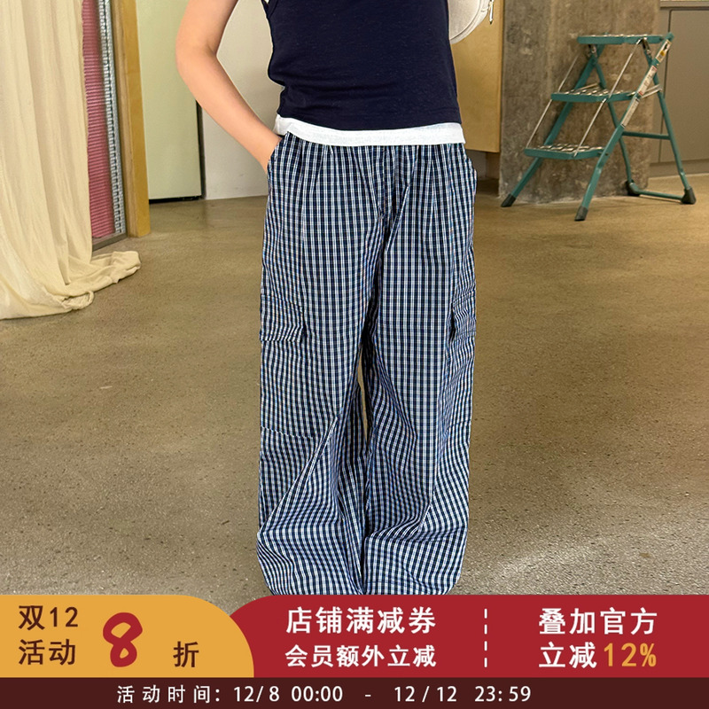 依依妈儿童复古格子百搭休闲口袋工装裤春秋新款女童裤子宝宝长裤