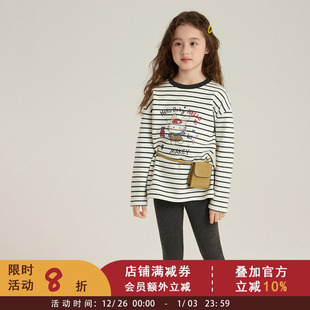 加绒保暖T恤潮 加厚宽松上衣中大儿童条纹长袖 女童冬装 卡通打底衫