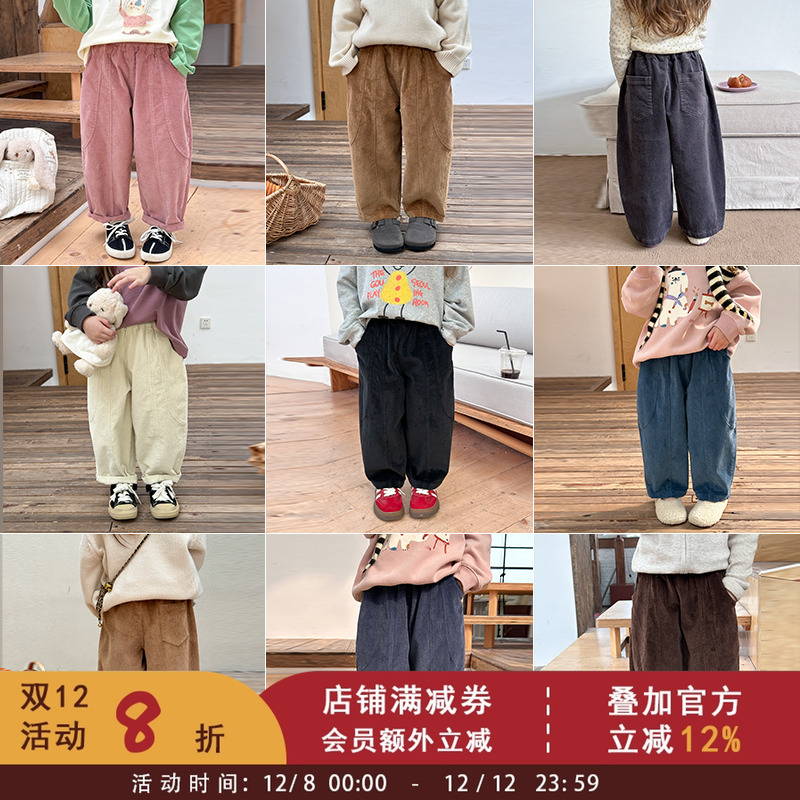 儿童韩版洋气弹力坑条灯芯绒裤春秋新款女童裤子宝宝休闲拼接长裤