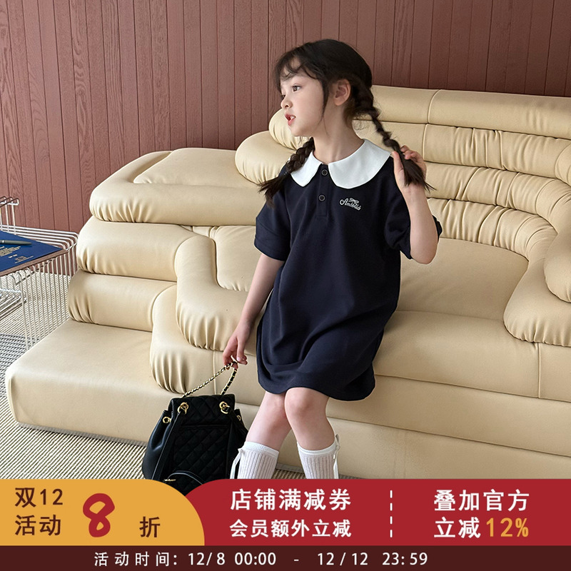 2025夏季儿童气质翻领甜美学院风连衣裙女童韩版撞色娃娃领公主裙