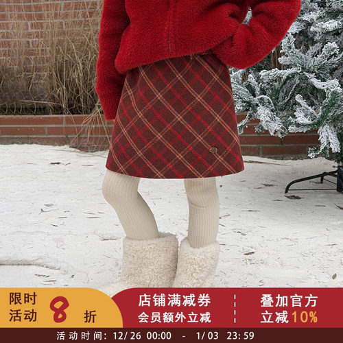 依依妈女童冬季加厚格纹百搭半身裙儿童宝宝洋气韩版时髦毛呢短裙