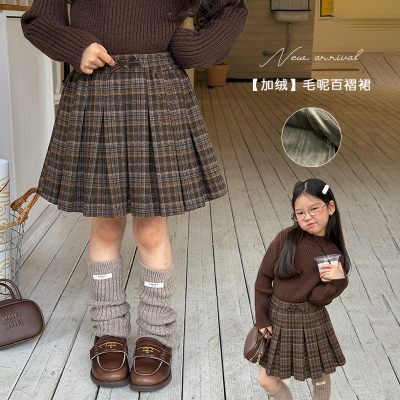 依依妈冬季女童学院风毛呢格子百褶裙儿童加厚加绒保暖短裙半身裙