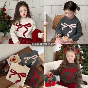 儿童圣诞新年蝴蝶结毛衣宝宝冬季洋气针织衫女童韩版提花加厚上衣