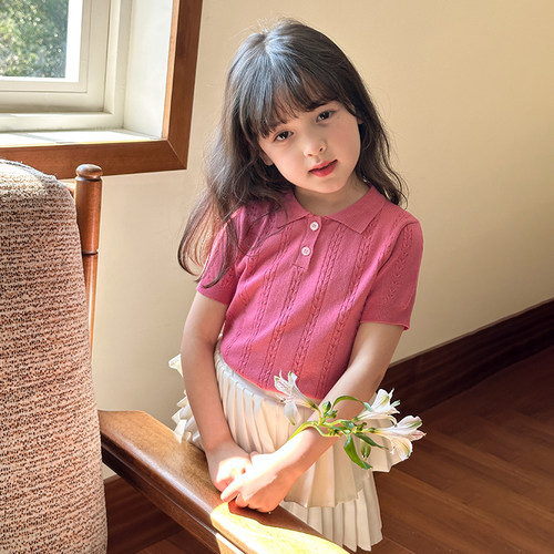 女童韩版洋气短袖翻领针织POLO衫儿童夏季中大童甜美针织绞花上衣