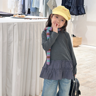 百搭上衣 叠穿女童时髦针织衫 中大女童下摆拼接花边打底衫 秋冬韩版