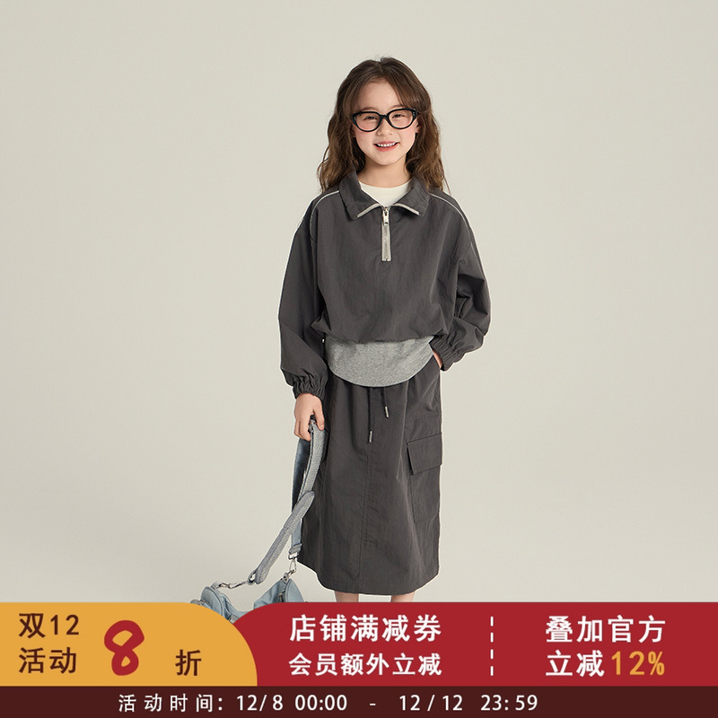 女童工装卫衣裙子两件套秋装新款儿童韩版假两件上衣时髦半身长裙