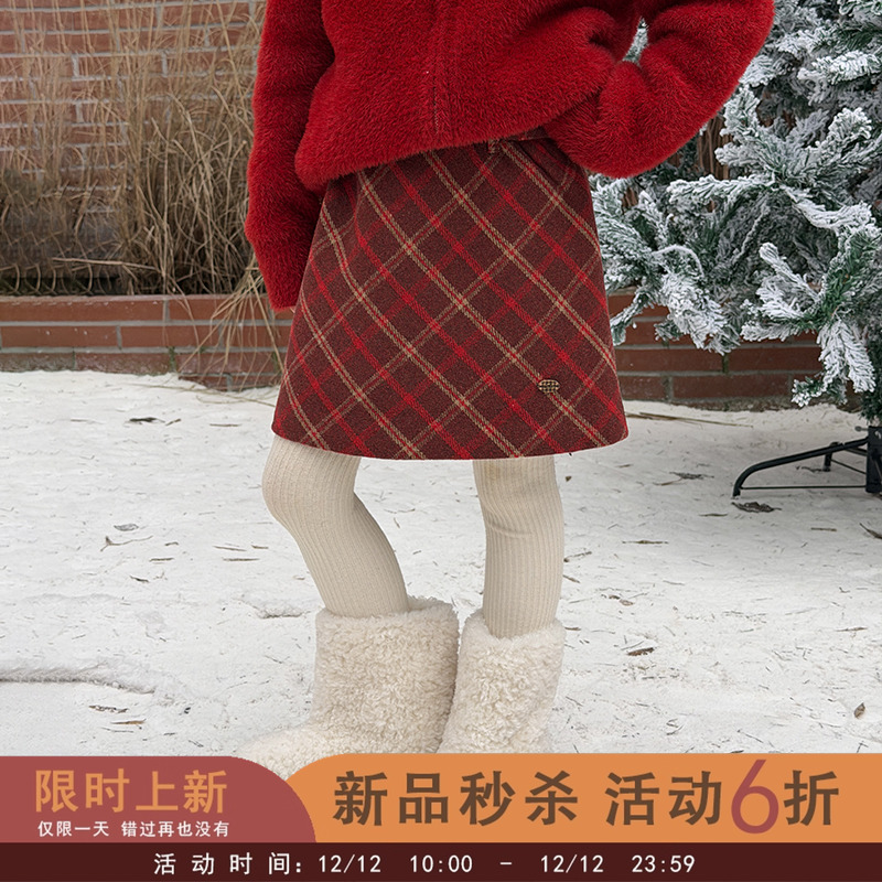 双12【上新当天6折】女童冬季加厚格纹半身裙韩版时髦毛呢短裙
