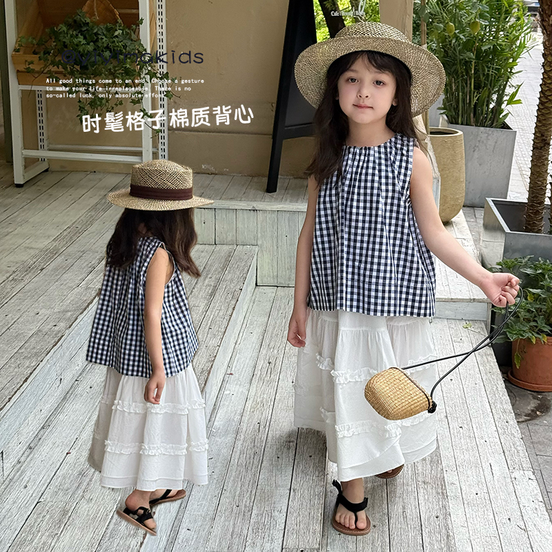 宝宝森系纯棉无袖衬衫儿童格子背心夏季新款童装女童韩版洋气上衣