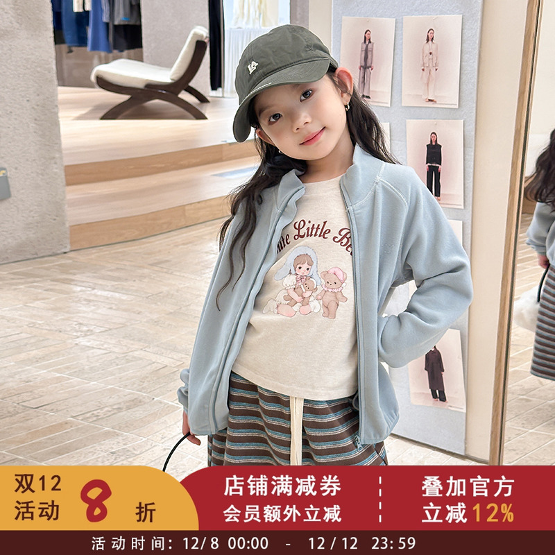 中大女童秋冬装双面羊毛绒立领保暖防风卫衣儿童加厚舒适校园外套