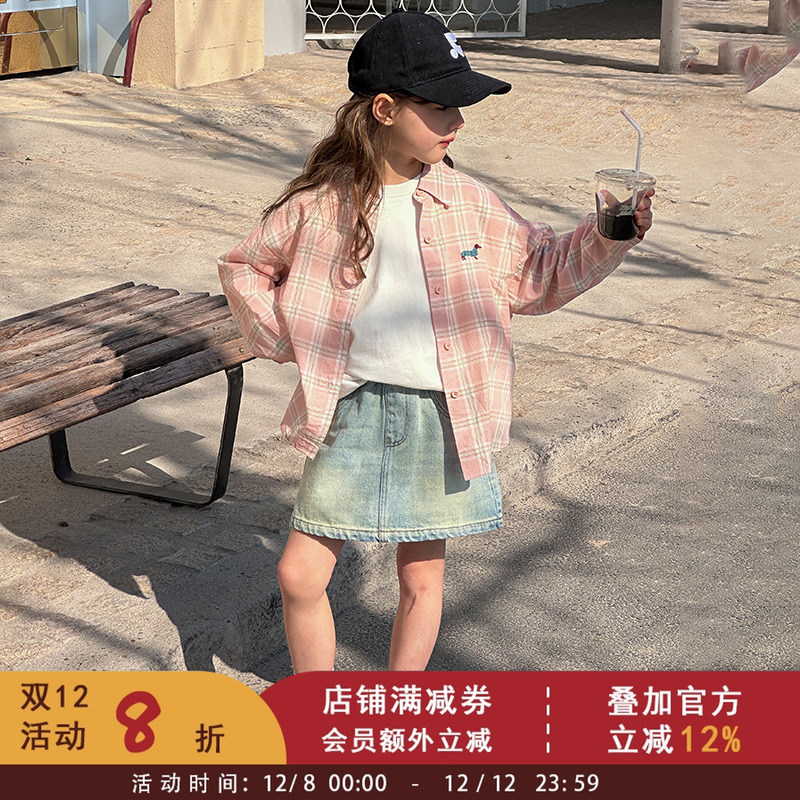 儿童洋气粉色格子衬衫2025春秋装新款中大童上衣女童韩版休闲外套