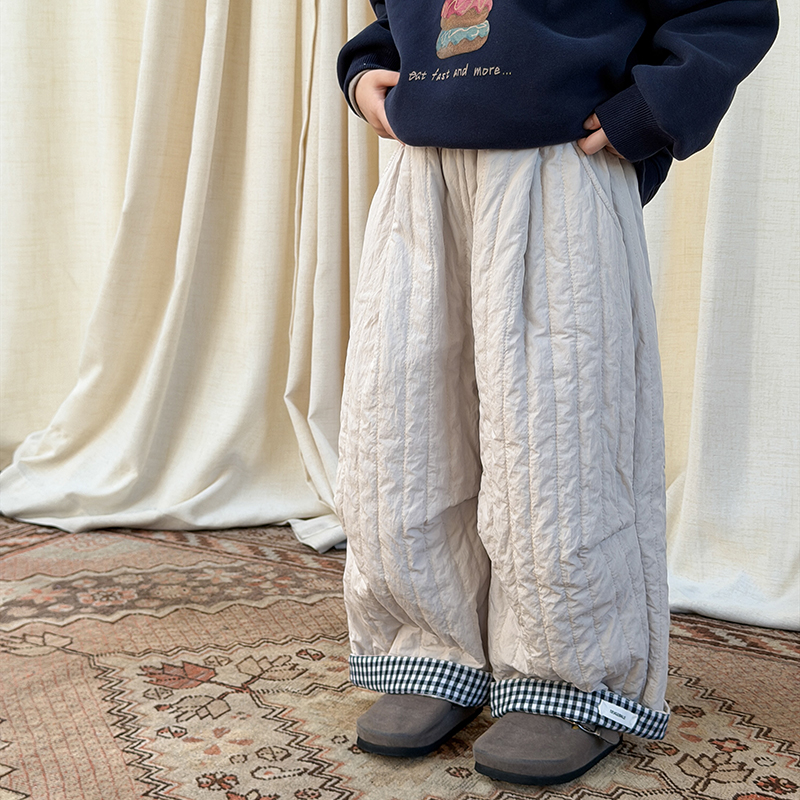 【抗风抗寒-20°】依依妈女童加厚夹棉保暖棉裤儿童格子翻边裤子