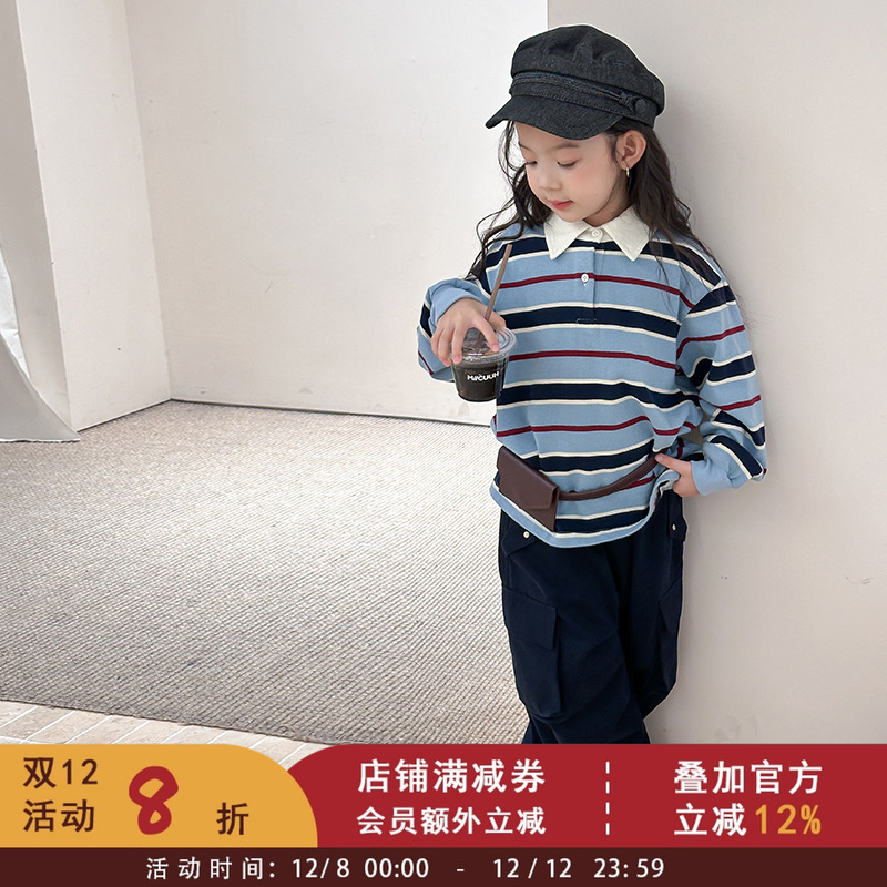 2025秋装儿童翻领条纹撞色POLO衫宝宝上衣男童女童韩版宽条纹卫衣