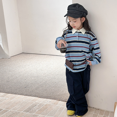 2025秋装儿童翻领条纹撞色POLO衫宝宝上衣男童女童韩版宽条纹卫衣