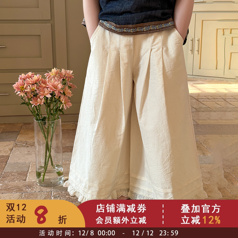 依依妈夏季新款女童裤子中大小儿童时髦童裤度假风压褶花边阔腿裤