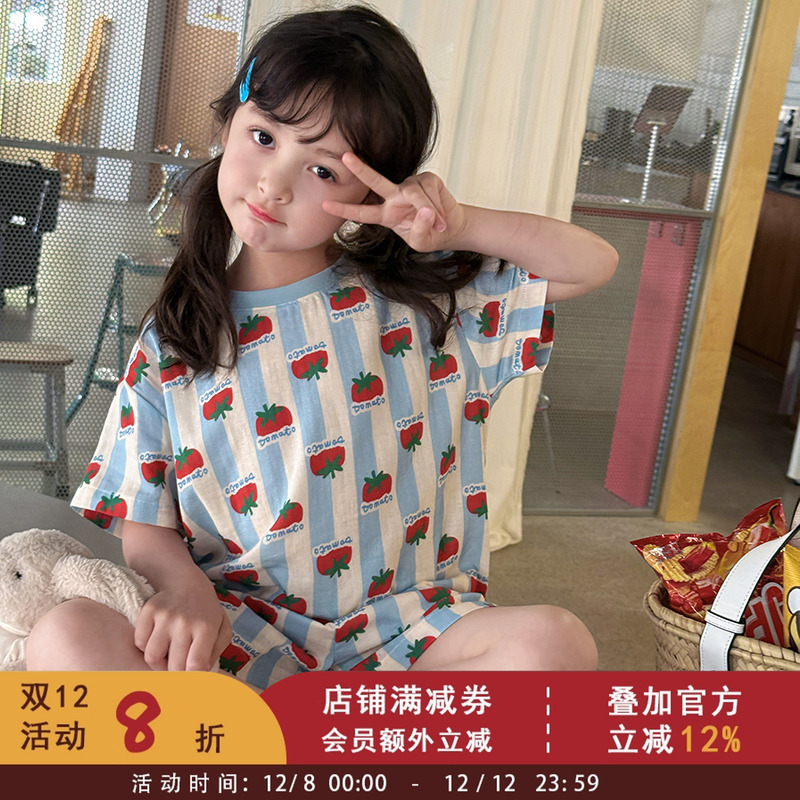 依依妈儿童可爱小番茄家居服短袖短裤套装女童满印全棉吊带睡衣裙