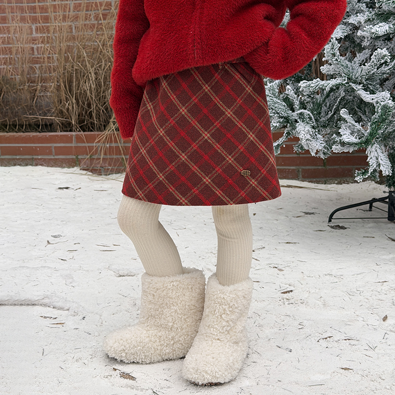 双12【上新当天6折】女童冬季加厚格纹半身裙韩版时髦毛呢短裙