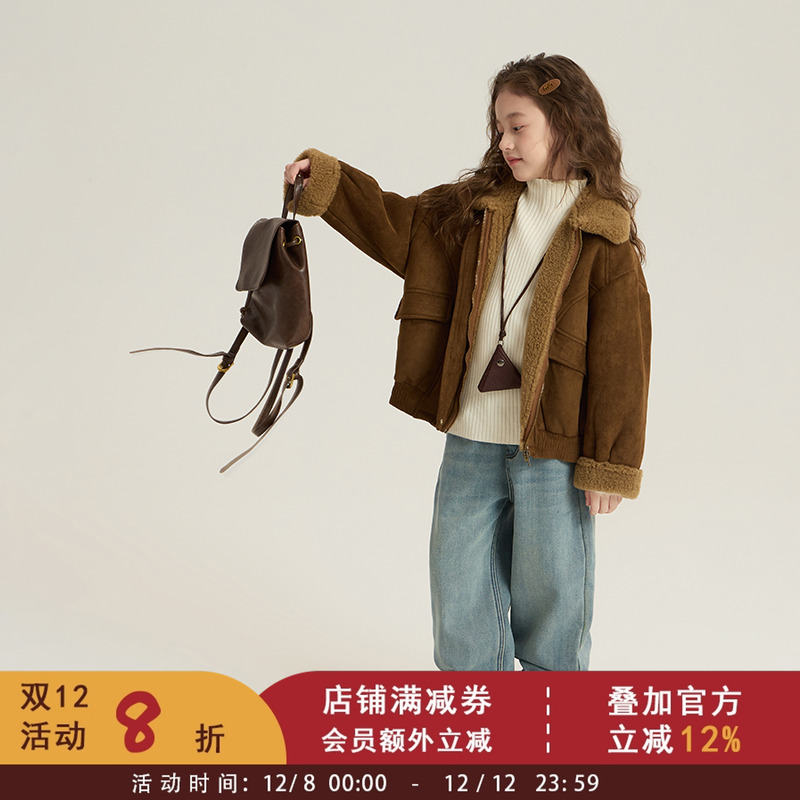 依依妈女童冬装时髦复古机车夹克外套儿童韩版皮毛一体保暖棉服潮
