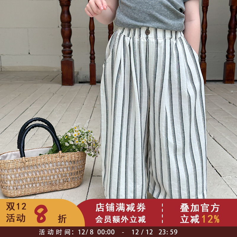 依依妈夏季新款女童柔软棉麻条纹阔腿裤儿童休闲度假风宽松直筒裤
